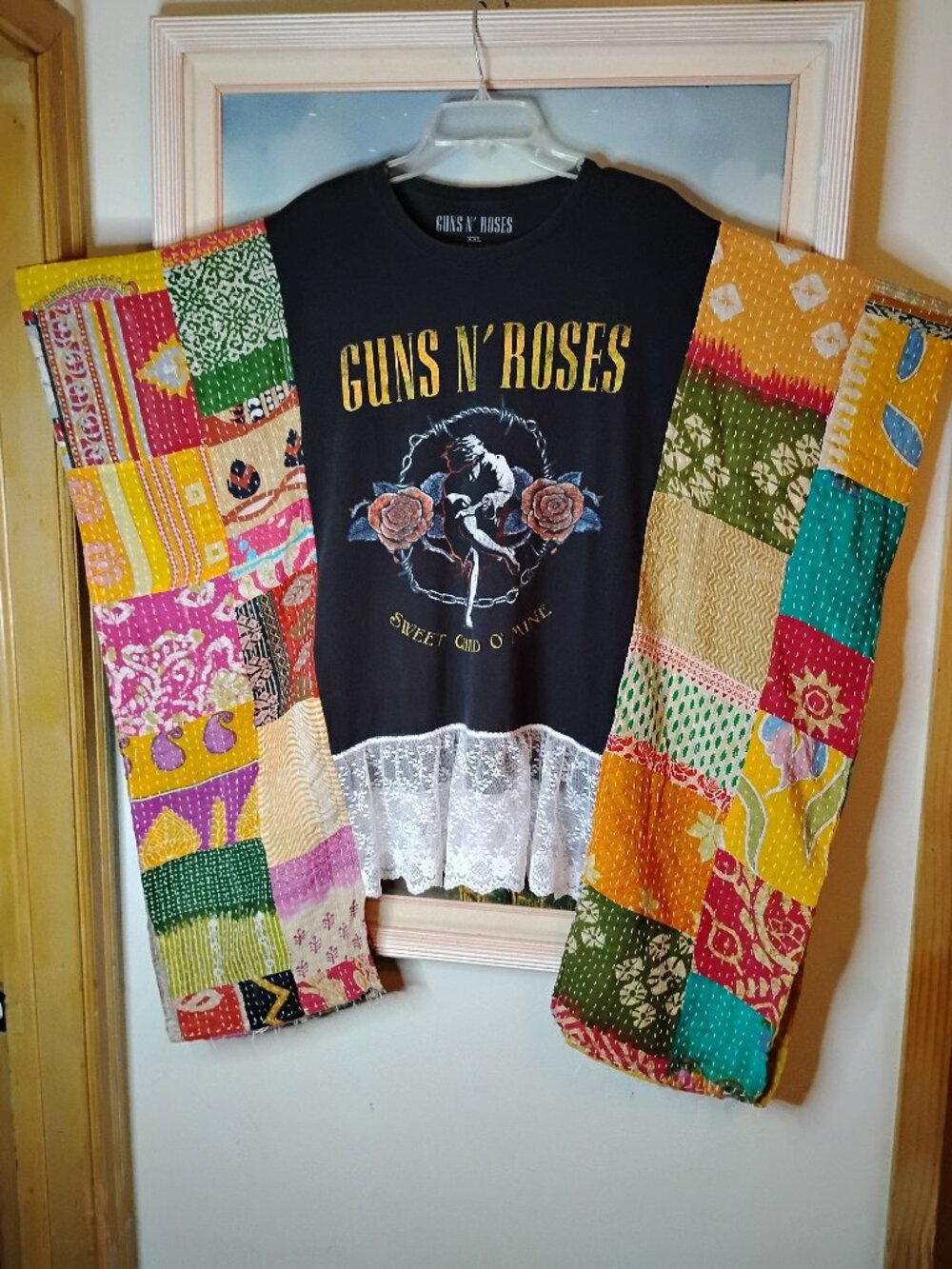 Guns N' Roses Patchwork Kantha & Lace Tunic/Top Upcycled Handmade Boho Band